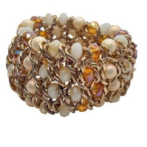 Chunky beaded gold link pearl stretch statement bracelet